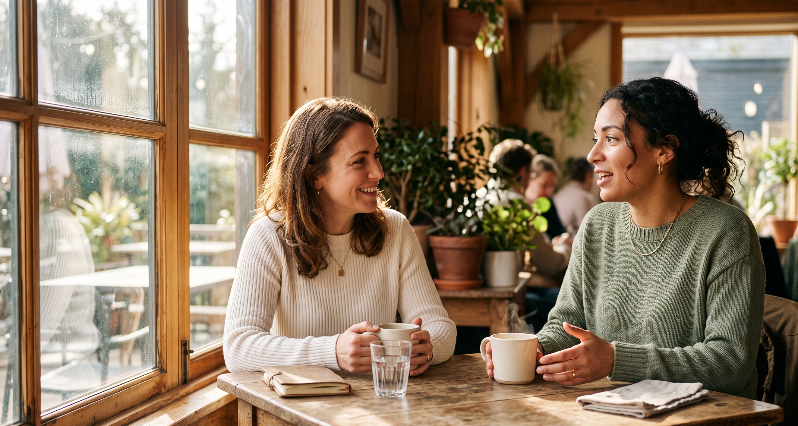 Two women in warm conversation over coffee by a sunlit window