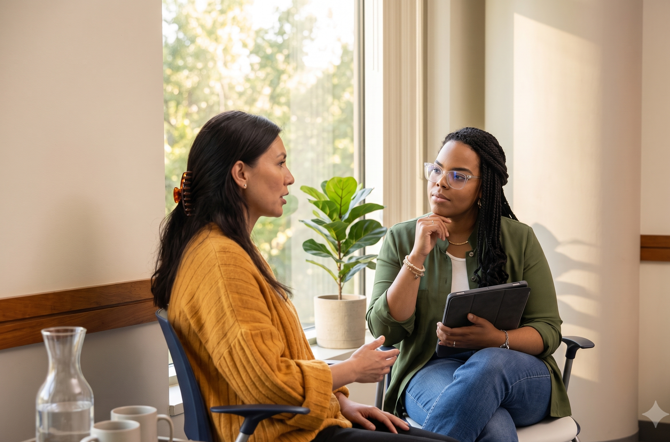 A therapist and client in attentive conversation